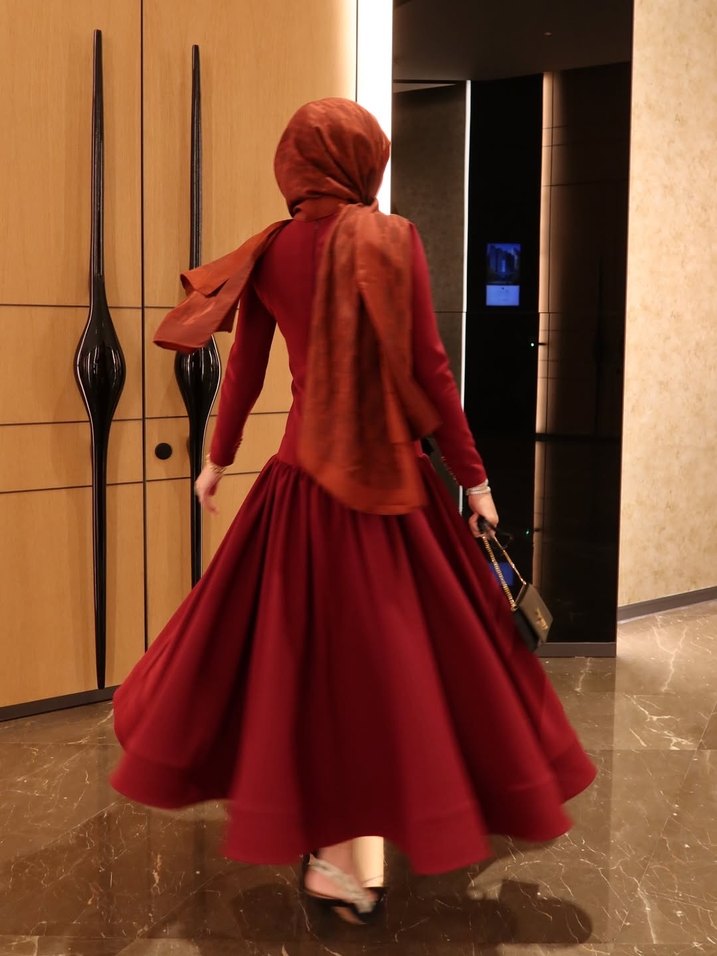 Bordo Uzun Kollu Modern Klasik Elbise - Görsel 3