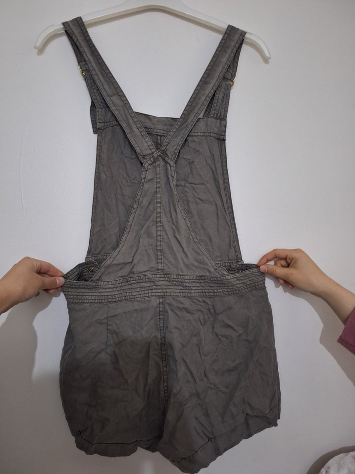 Gri Keten Askılı Kısa Tulum - Görsel 2