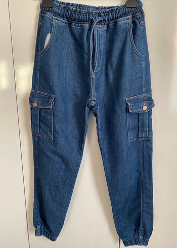 Kadın Lacivert Kemerli Bol Kesim Midi Kot Pantolon - Görsel 5