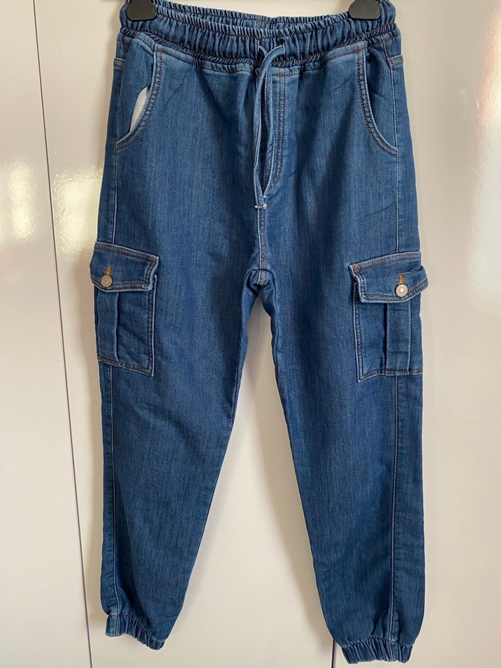 Kadın Lacivert Kemerli Bol Kesim Midi Kot Pantolon - Görsel 5