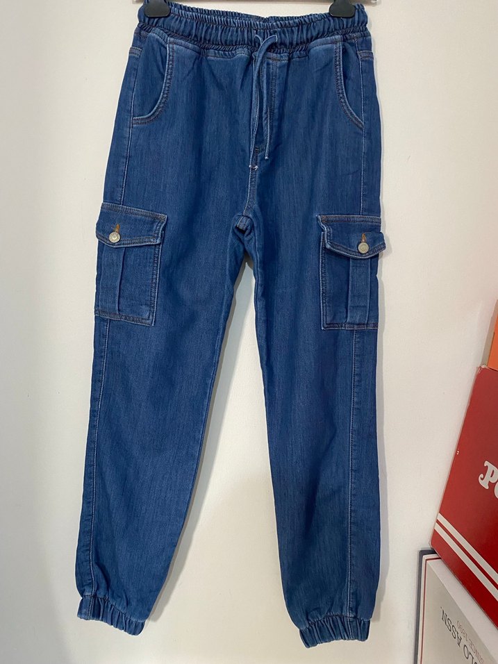 Kadın Lacivert Kemerli Bol Kesim Midi Kot Pantolon - Görsel 3