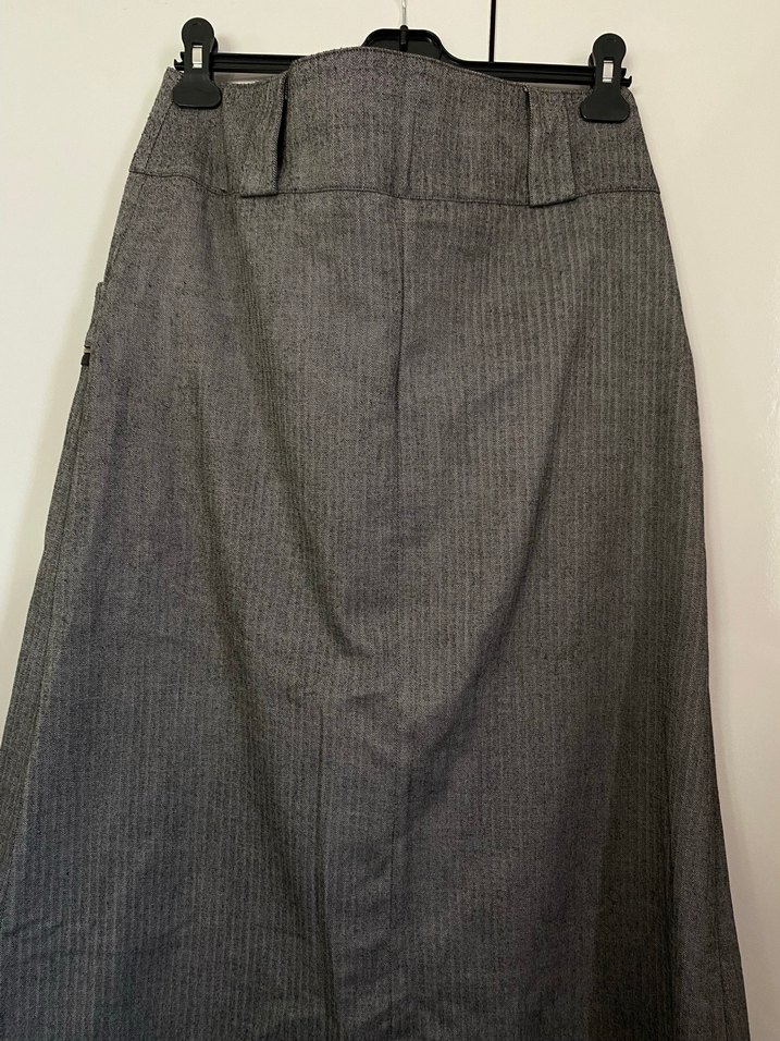 Düğmeli Gri Uzun Keten Kadın Etek - Görsel 3