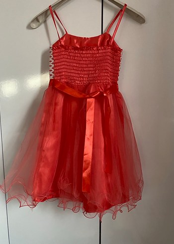 Kız Çocuk Kırmızı Askılı Fırfırlı Abiye  Elbise - Görsel 2