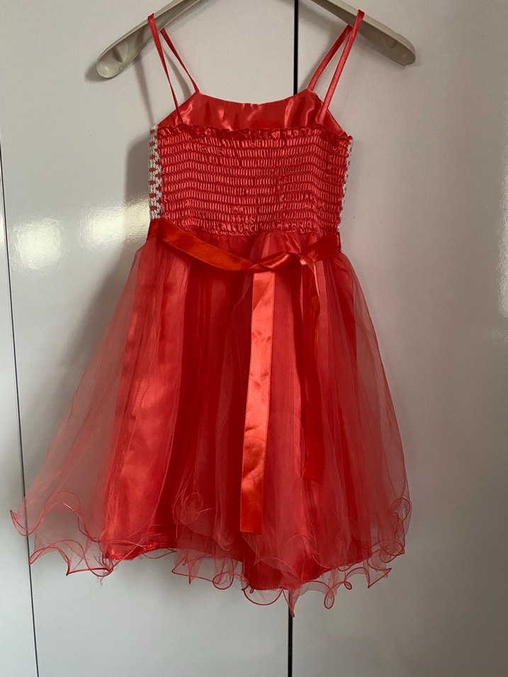 Kız Çocuk Kırmızı Askılı Fırfırlı Abiye  Elbise - Görsel 2