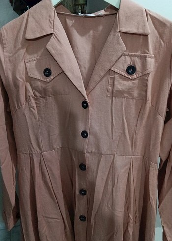 Bej Uzun Keten Elbise Düğmeli - Görsel 2