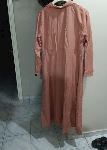 Bej Uzun Keten Elbise Düğmeli - Görsel 4