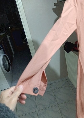 Bej Uzun Keten Elbise Düğmeli - Görsel 3