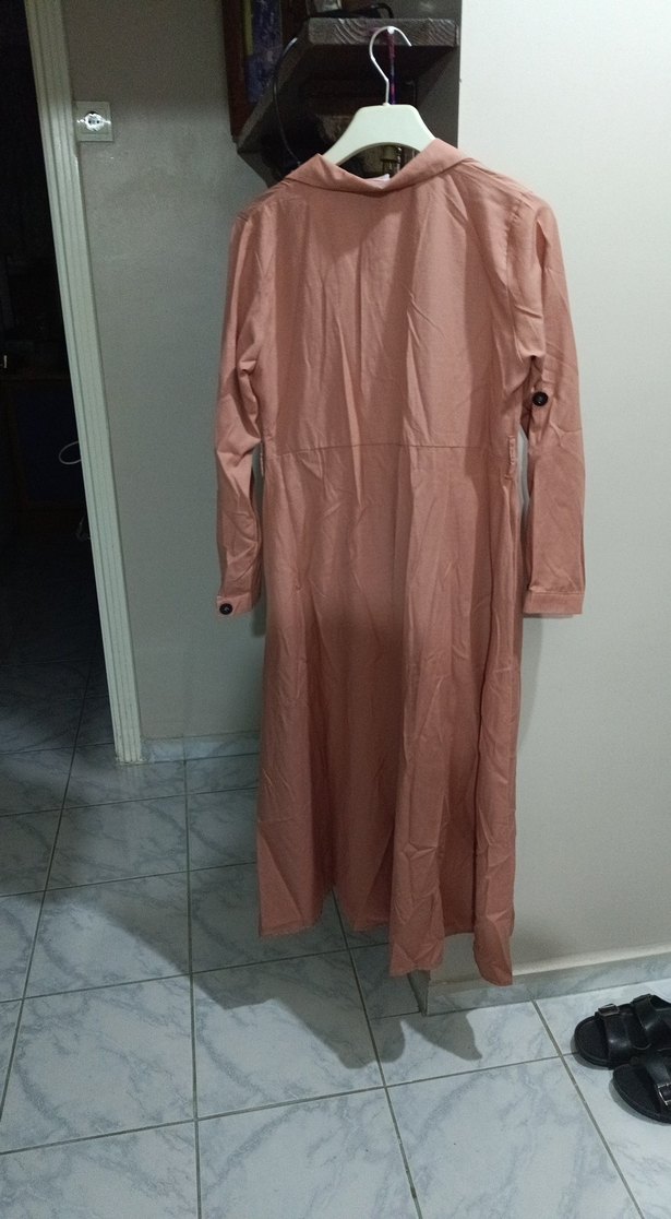 Bej Uzun Keten Elbise Düğmeli - Görsel 4