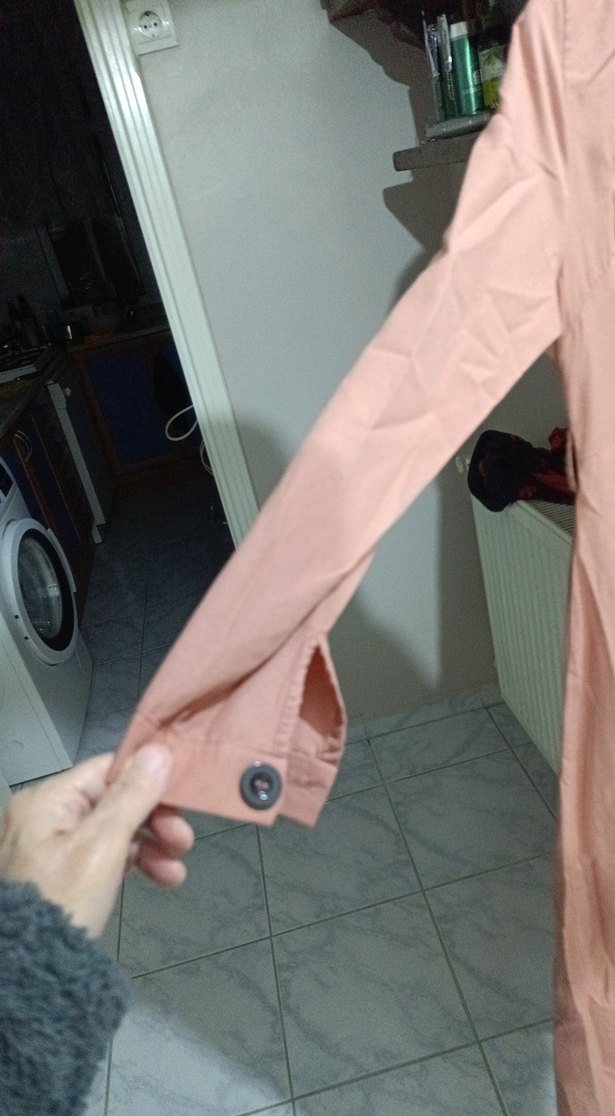 Bej Uzun Keten Elbise Düğmeli - Görsel 3