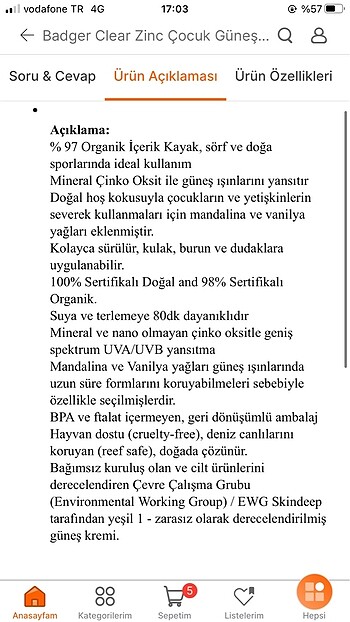 Beden Renk Badger spf35 clear zinc çocuk güneş kremi