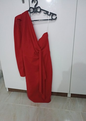 V Yaka Kırmızı Midi Drapeli Kadın Elbise - Görsel 5