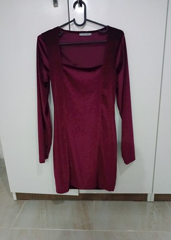 Bordo Drapeli V Yaka Midi Elbise - Görsel 2