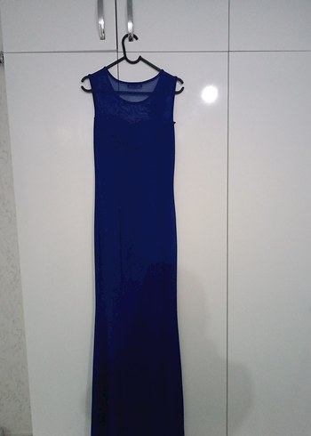 Lacivert Uzun Drapeli Kolsuz Abiye Elbise - Görsel 3