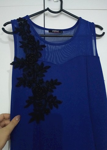 Lacivert Uzun Drapeli Kolsuz Abiye Elbise - Görsel 5