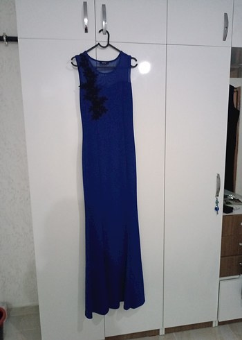 Lacivert Uzun Drapeli Kolsuz Abiye Elbise - Görsel 8