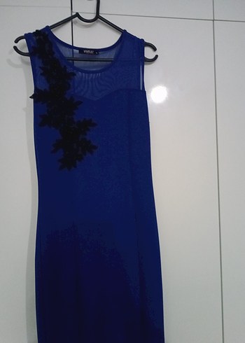 Lacivert Uzun Drapeli Kolsuz Abiye Elbise - Görsel 6