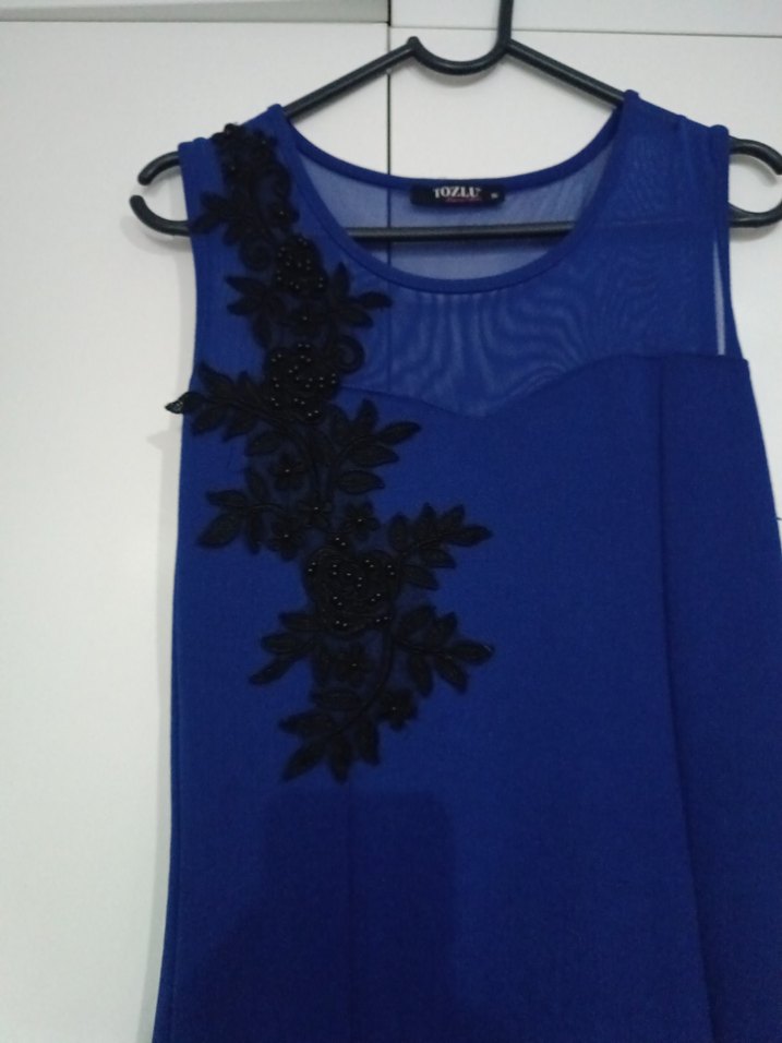 Lacivert Uzun Drapeli Kolsuz Abiye Elbise - Görsel 2