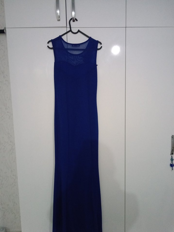 Lacivert Uzun Drapeli Kolsuz Abiye Elbise - Görsel 3