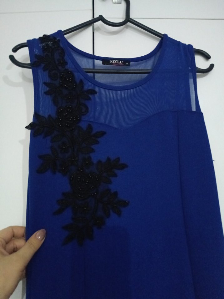 Lacivert Uzun Drapeli Kolsuz Abiye Elbise - Görsel 5