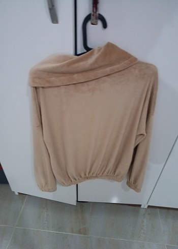 Bej Süet Kadın Sweatshirt, Yüksek Yakalı, Salaş - Görsel 3
