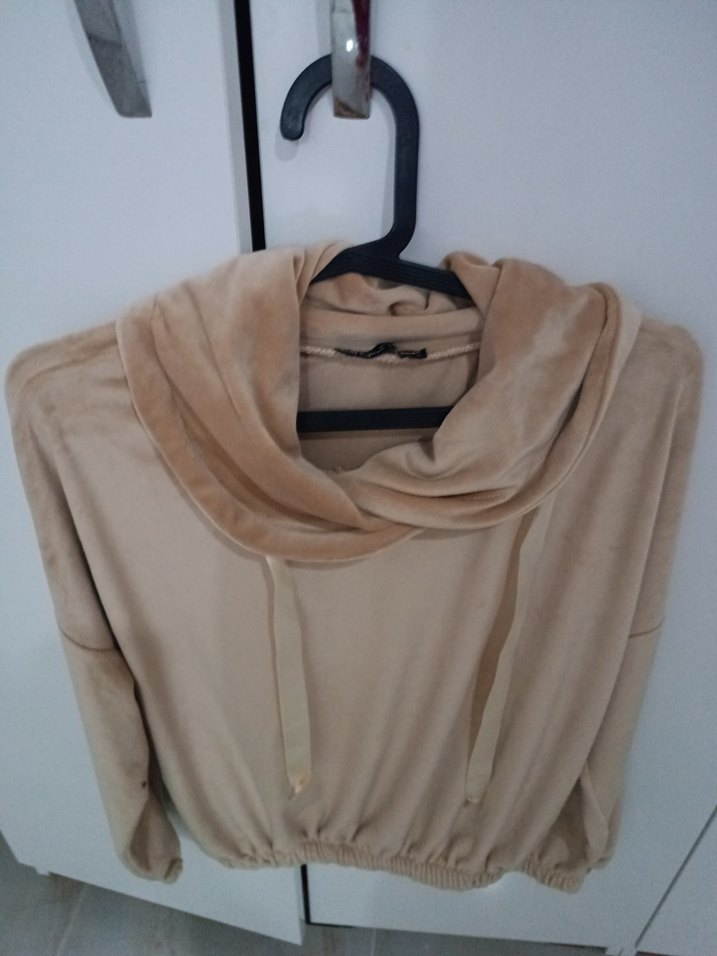 Bej Süet Kadın Sweatshirt, Yüksek Yakalı, Salaş - Görsel 2