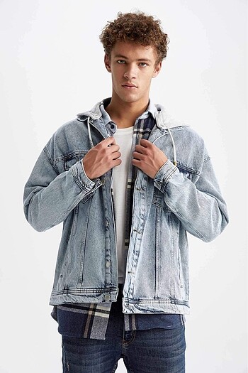 Oversize Fit Kapüşonlu Jean Ceket