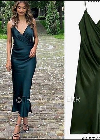 Zara Kadın Haki Uzun Askılı saten Elbise