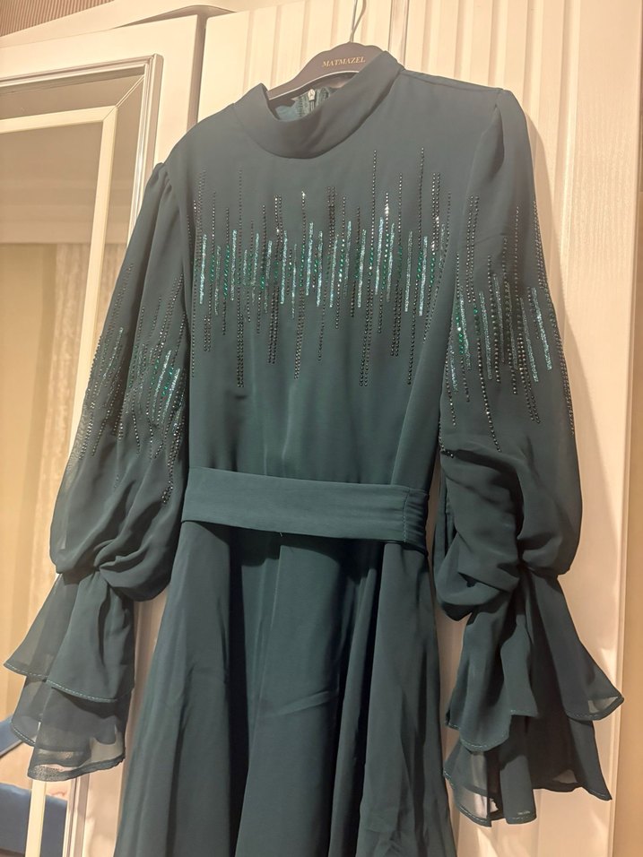 Yeşil Nakışlı Uzun Bohem Kadın Abiye Elbise - Görsel 2