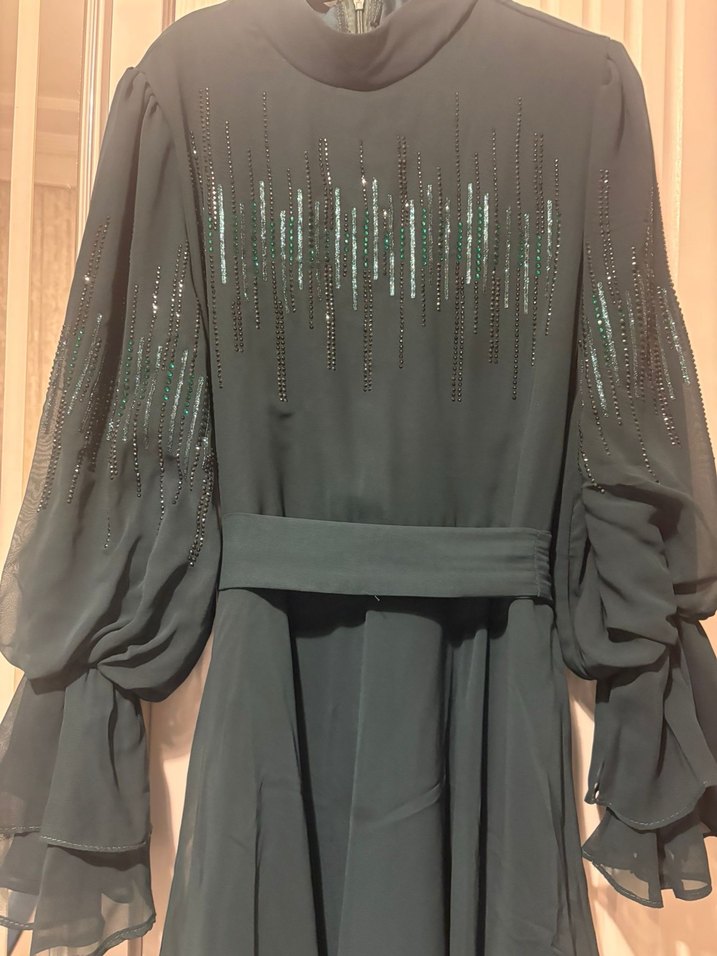 Yeşil Nakışlı Uzun Bohem Kadın Abiye Elbise - Görsel 3