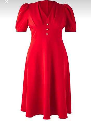 Kırmızı V Yakalı Düğmeli Midi Elbise - Görsel 2