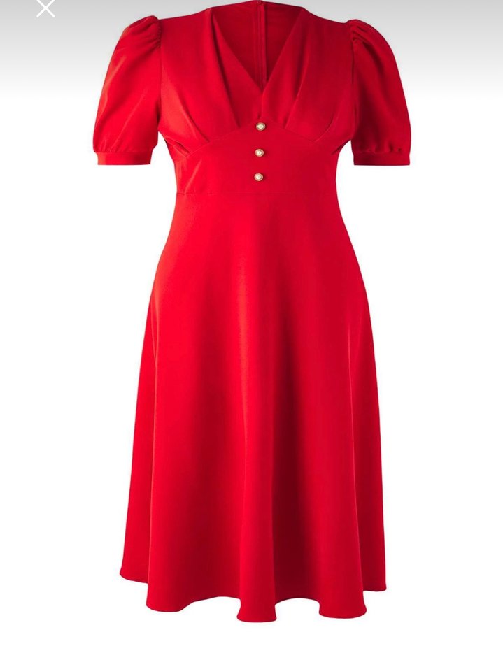 Kırmızı V Yakalı Düğmeli Midi Elbise - Görsel 2
