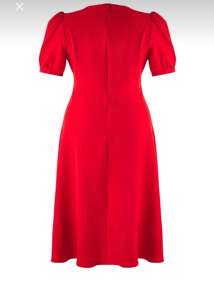 Kırmızı V Yakalı Düğmeli Midi Elbise - Görsel 3