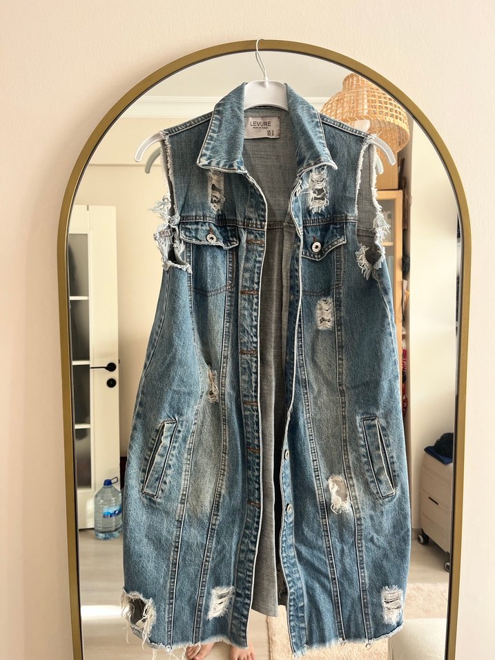 Düğmeli Mavi Kot Yelek - Görsel 2