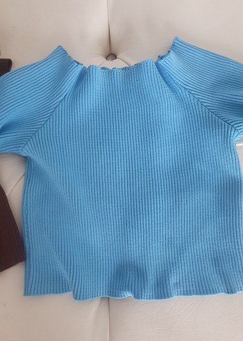Mavi Kısa Kollu Mini Triko Kadın crop