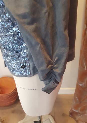 Gri Straplez Uzun Kollu Denim Bolero - Görsel 3