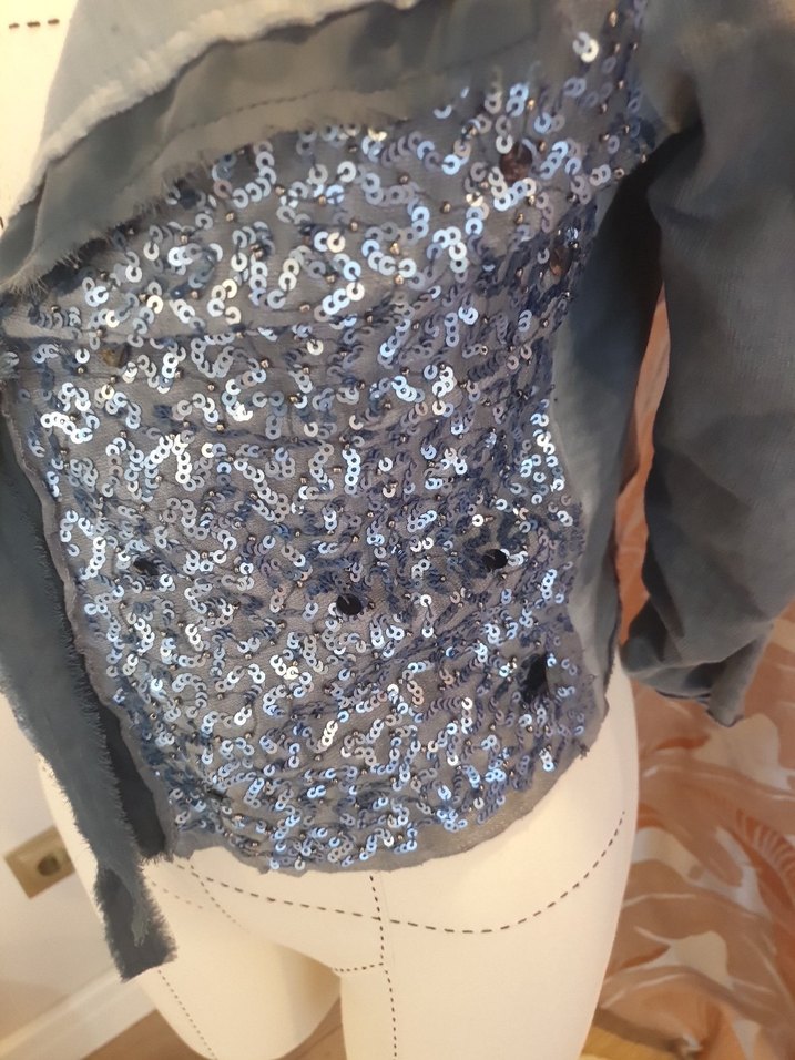 Gri Straplez Uzun Kollu Denim Bolero - Görsel 2