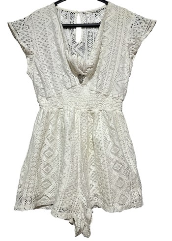 Dantel İşlemeli Beyaz Kısa Kadın Tulum - Görsel 2