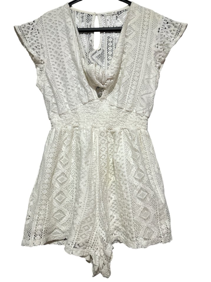 Dantel İşlemeli Beyaz Kısa Kadın Tulum - Görsel 2