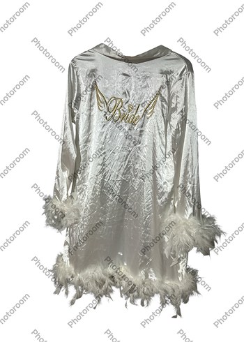 Tüylü Kenarlı Beyaz Mini Kadın Sabahlık - Görsel 2