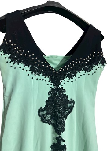 Turkuaz Dantel Detaylı Uzun Gotik Kadın Elbise - Görsel 5