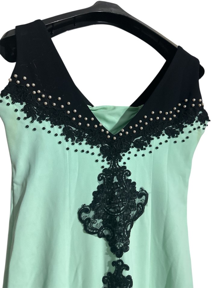 Turkuaz Dantel Detaylı Uzun Gotik Kadın Elbise - Görsel 5