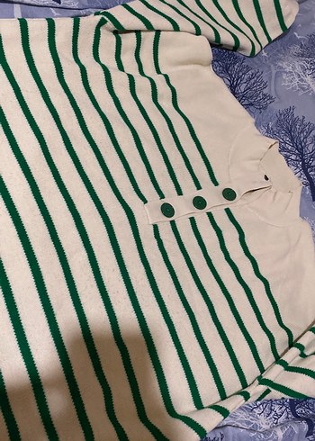 Düğmeli Yeşil Çizgili Kadın Pamuklu Kazak - Görsel 4