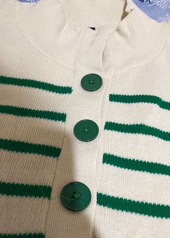Düğmeli Yeşil Çizgili Kadın Pamuklu Kazak - Görsel 2
