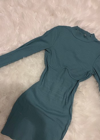 Turkuaz Yüksek Yakalı Uzun Kollu Triko Elbise - Görsel 2