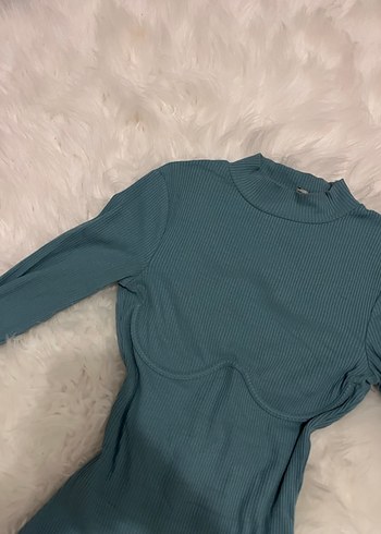 Turkuaz Yüksek Yakalı Uzun Kollu Triko Elbise - Görsel 3