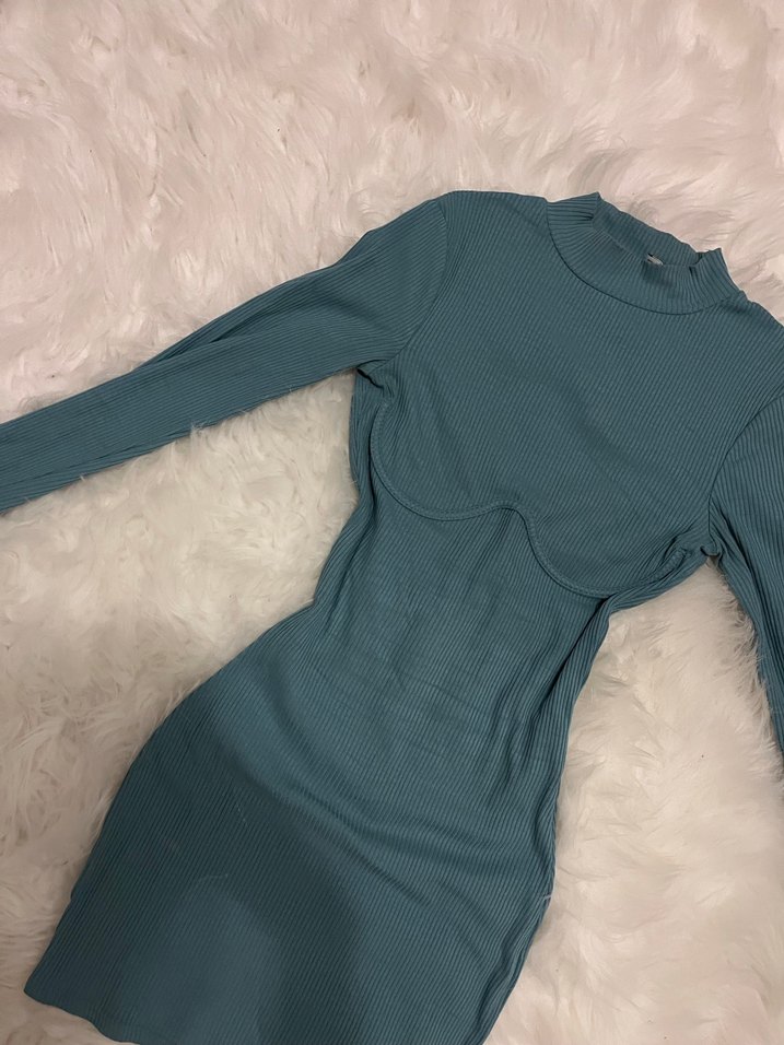 Turkuaz Yüksek Yakalı Uzun Kollu Triko Elbise - Görsel 2