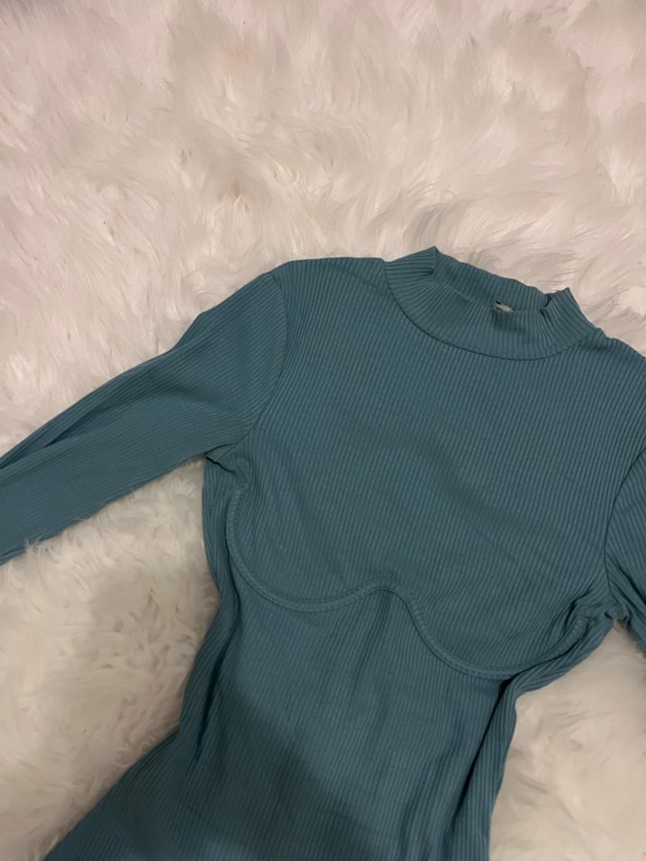 Turkuaz Yüksek Yakalı Uzun Kollu Triko Elbise - Görsel 3