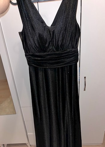 Siyah Simli V Yaka Drapeli Uzun Abiye - Görsel 2