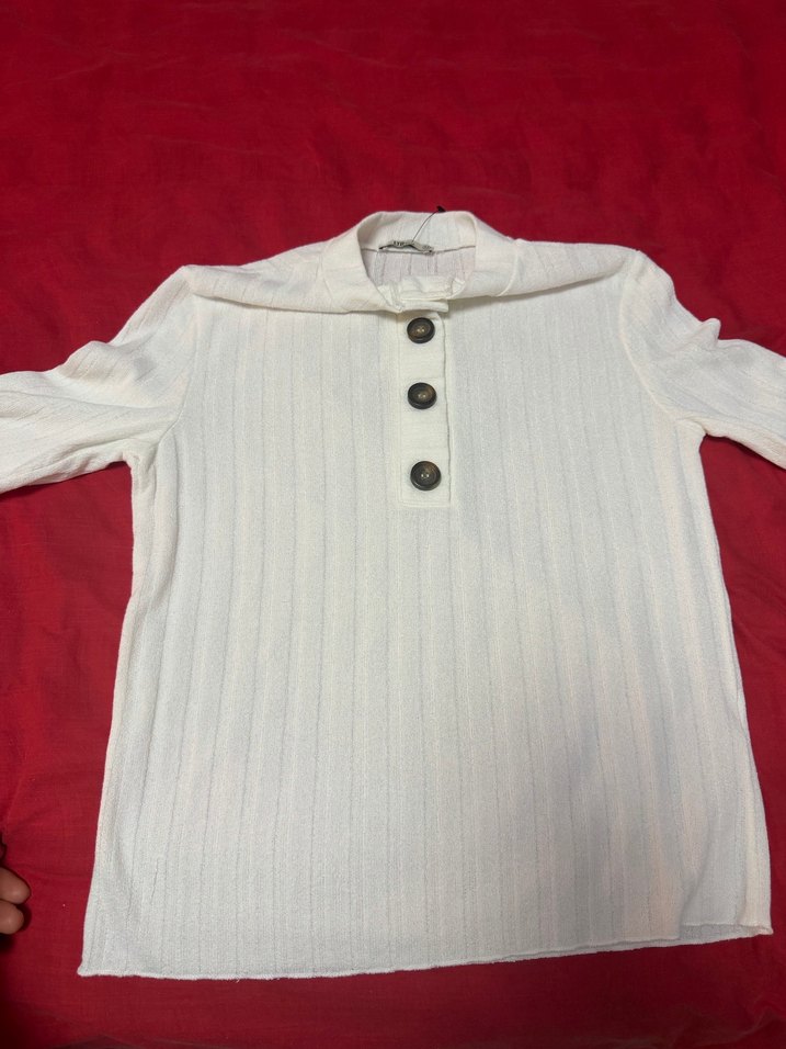 Düğmeli Beyaz Kadın Pamuk tshirt - Görsel 2