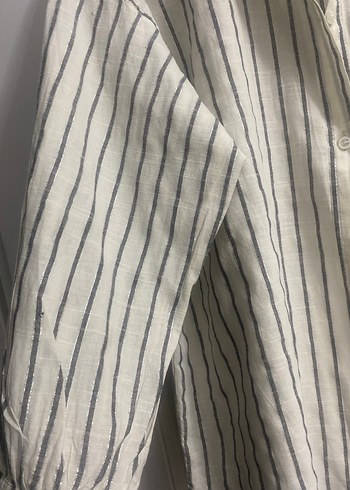 Oversize Beyaz Gri Çizgili Keten Gömlek - Görsel 4